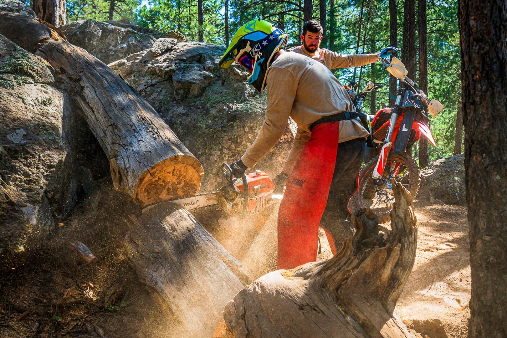 CTR trail day workers cut a fallen tree with a chainsaw